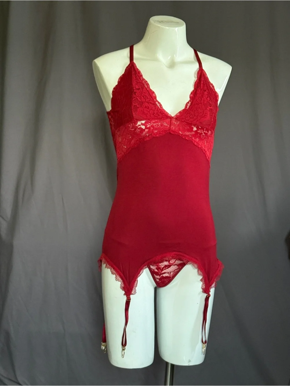 Frederick's of Hollywood Red Lace Garter Chemise set